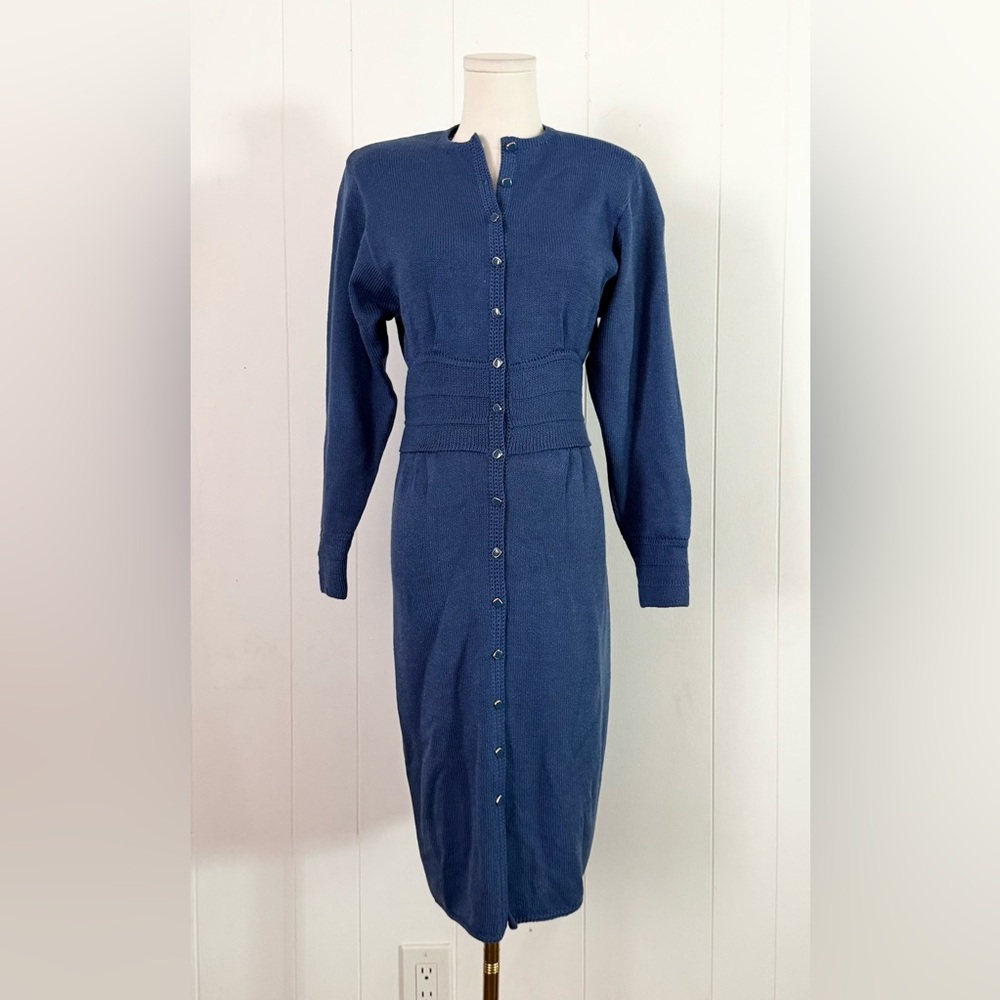 Vintage St. John for Bullock’s Blue Knit Sweater Midi Dress 1970s Career Chic